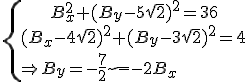 \{\array{B_x^2+(B_y-5\sqrt{2})^2=36\\(B_x-4\sqrt{2})^2+(B_y-3\sqrt{2})^2=4}\\\Rightarrow B_y=-\frac{7}{2}\sqrt{2}-2B_x